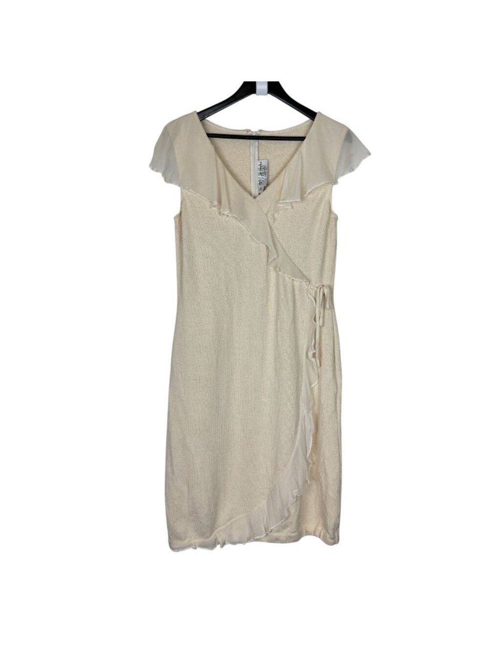 Vtg Y2K St. John Evening Knit Sheath Dress Women's 10 Ivory Sleeveless Ruffled